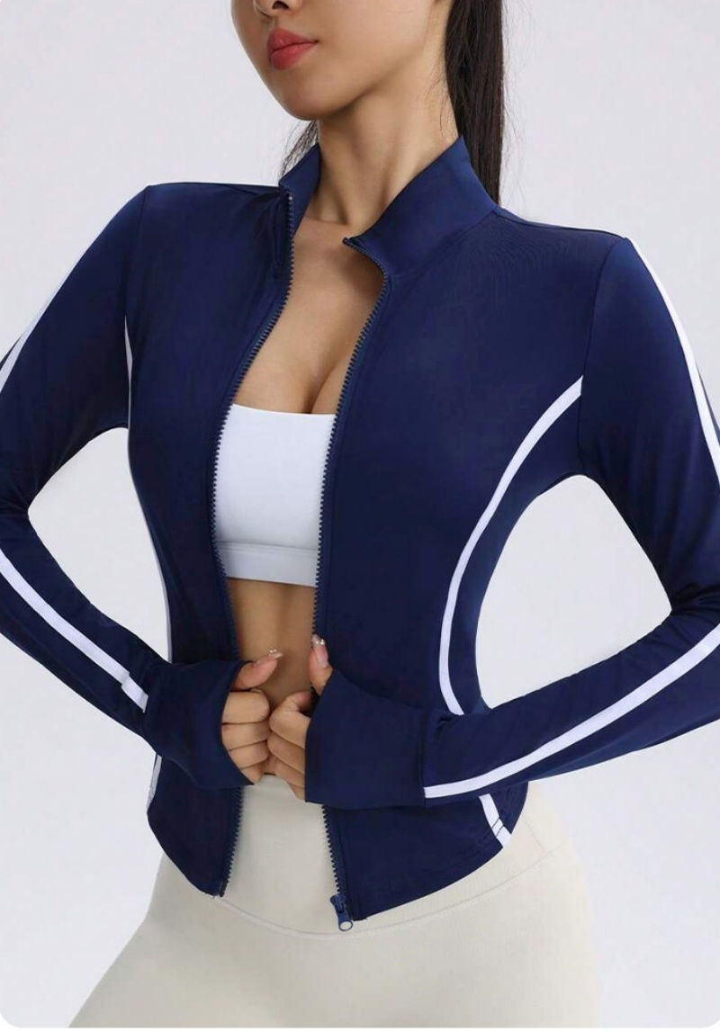 Thumbnail: Women Navy Blue Yoga Jacket with White Contrast Stitching Slim Fit Full Zip Up T