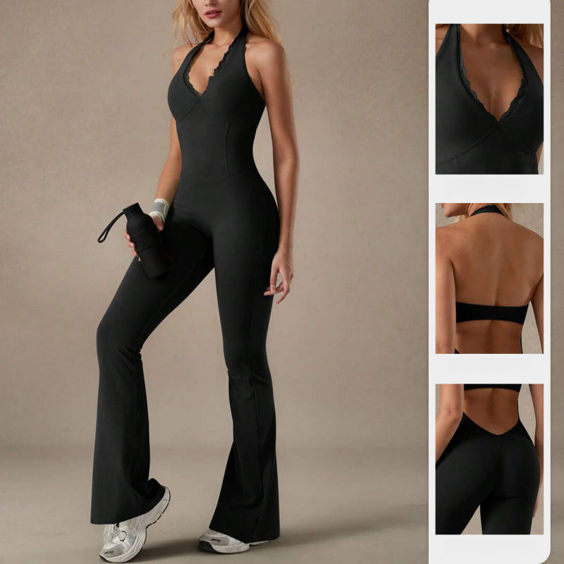 Thumbnail: FUBEIKE New Lace Collar Yoga Wear Long Pants Solid ColorRunning Sports Halter Bo