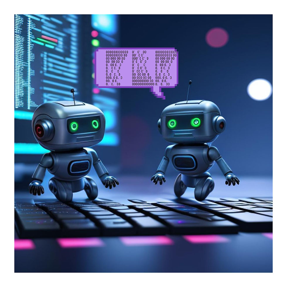 Two small robots have a conversation on top of a computer keyboard