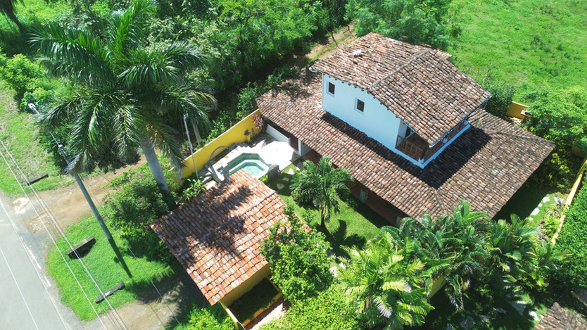 Aerial view of Villa del Sol income property with pool, gardens and rental apartments near the beach in Azuero, Panama