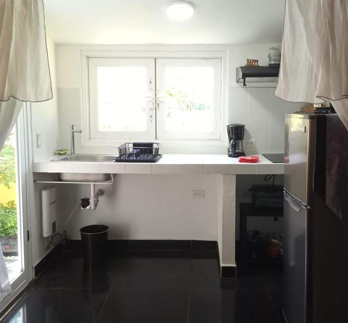 Compact kitchenette in a Villa del Sol apartment with fridge, sink and storage