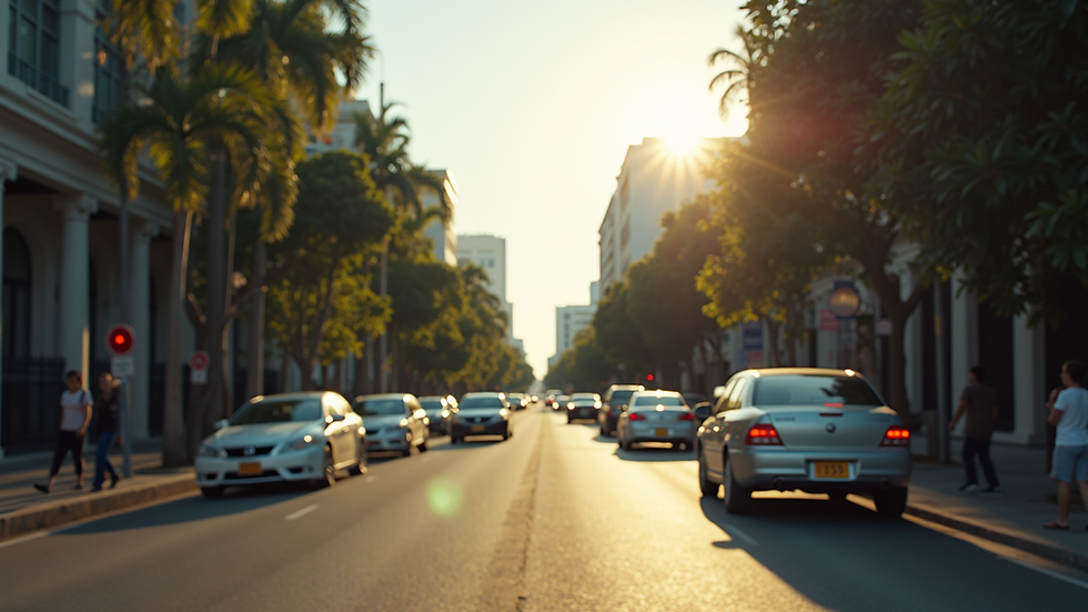 Close-up view of a street in Panama City with cars and pedestrians