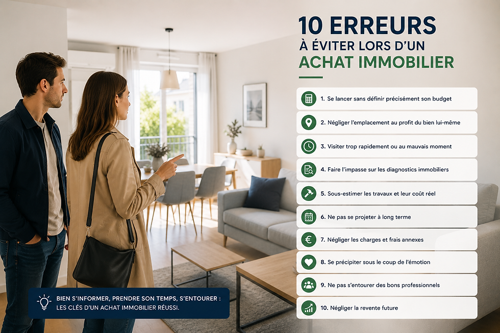 Couple visitant un appartement moderne et lumineux avant un achat immobilier, avec les principales erreurs à éviter lors de l'acquisition d'un bien : budget, emplacement, diagnostics, travaux, copropriété et négociation.