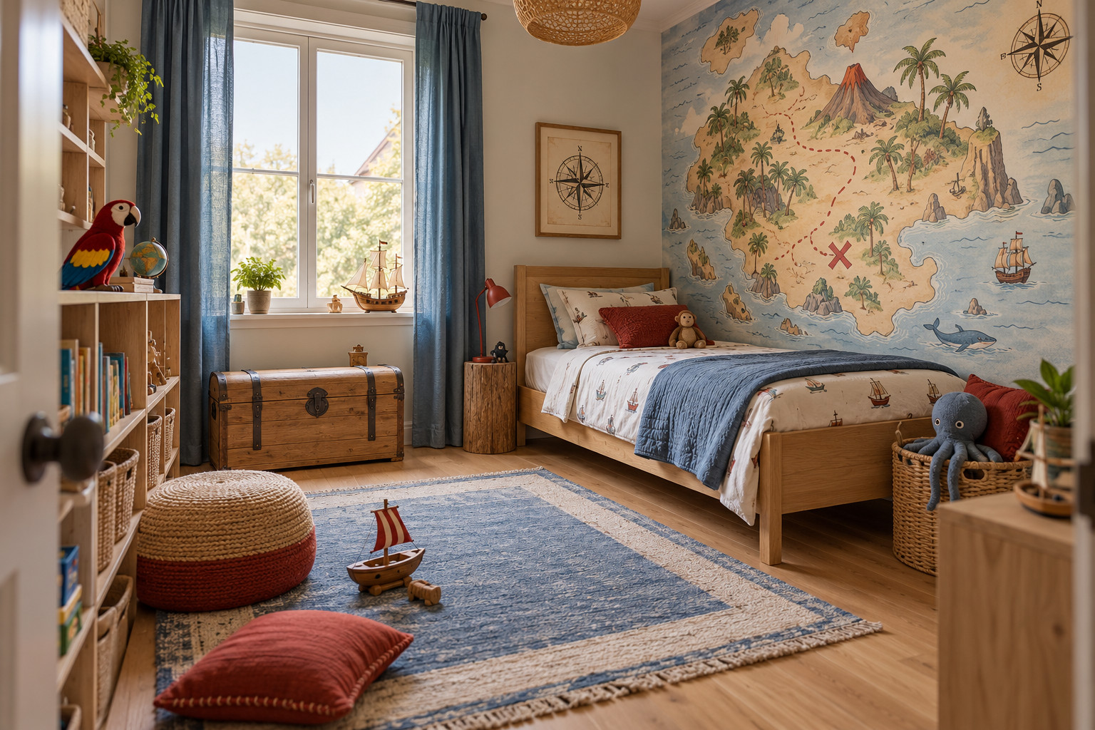 Chambre d’enfant pirate avec carte au trésor murale, lit en bois, textiles bleus et coffre de rangement.