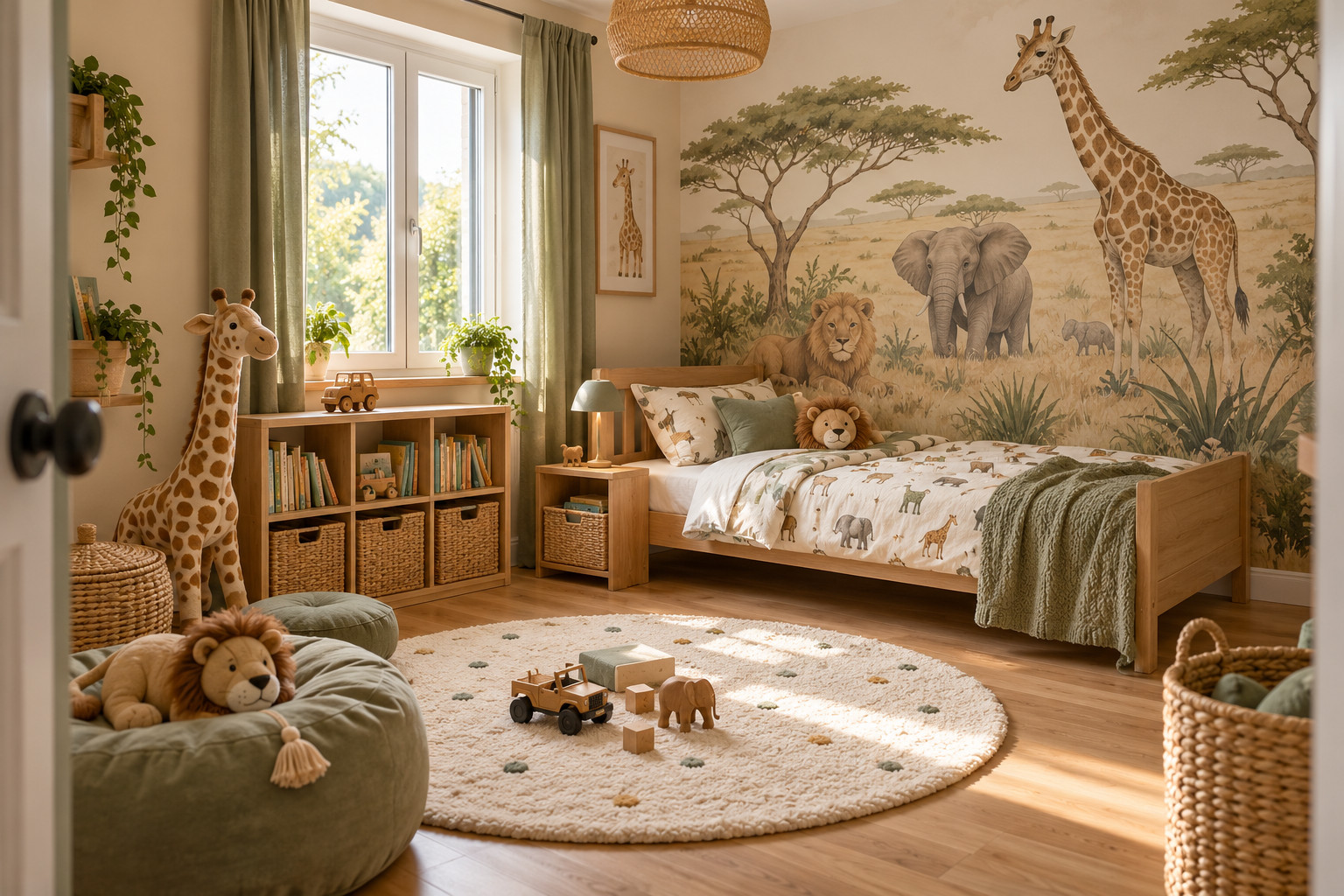 Petite chambre d’enfant safari avec fresque d’animaux de la savane, lit en bois clair et tapis rond écru.