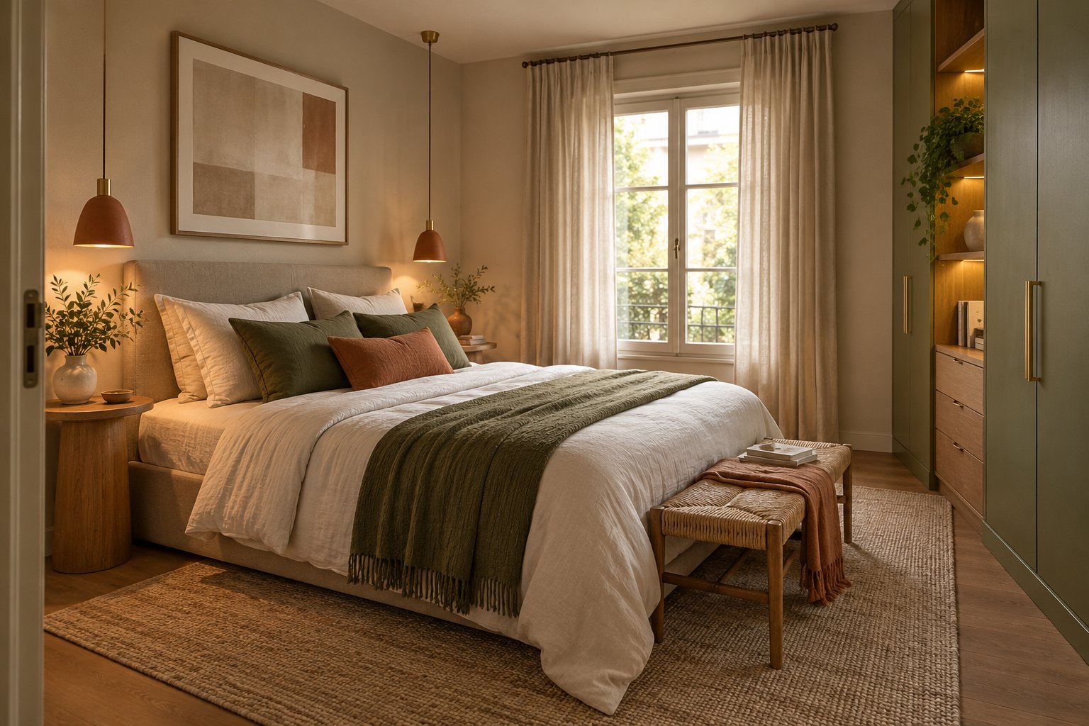 Chambre parentale élégante avec lit en lin écru, luminaires suspendus et rangements vert olive.