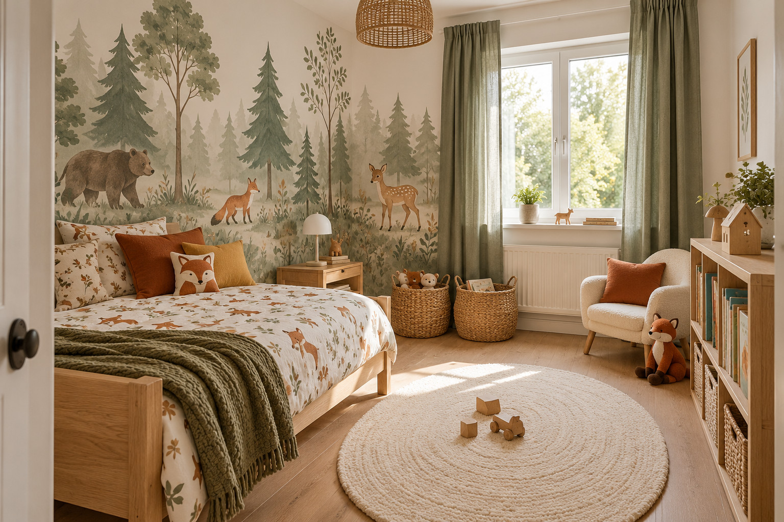 Chambre d’enfant forêt avec fresque d’arbres et d’animaux des bois, lit en bois clair et accents vert sauge.