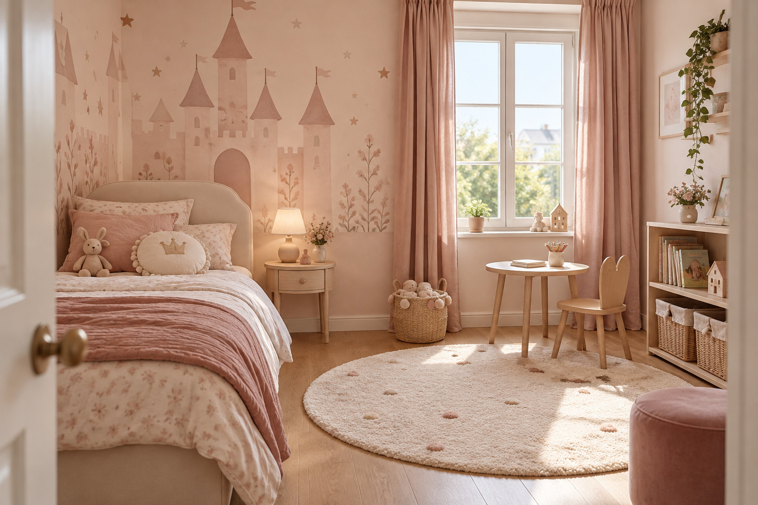 Chambre d’enfant princesse aux tons rose poudré et crème, avec décor mural de château et mobilier en bois clair.