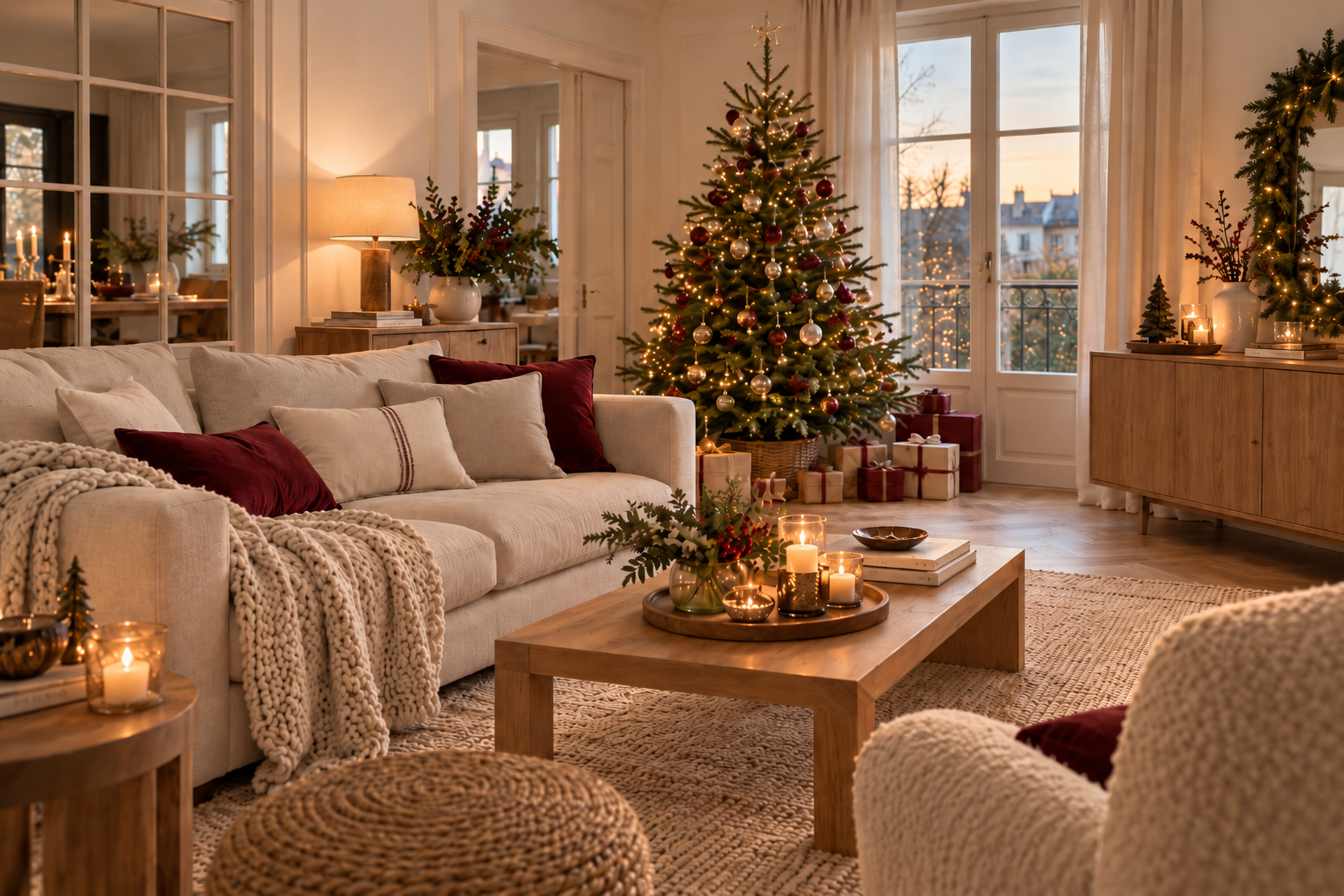 Salon de Noël avec sapin illuminé, canapé écru, coussins bordeaux et bougies dans une ambiance chaleureuse.