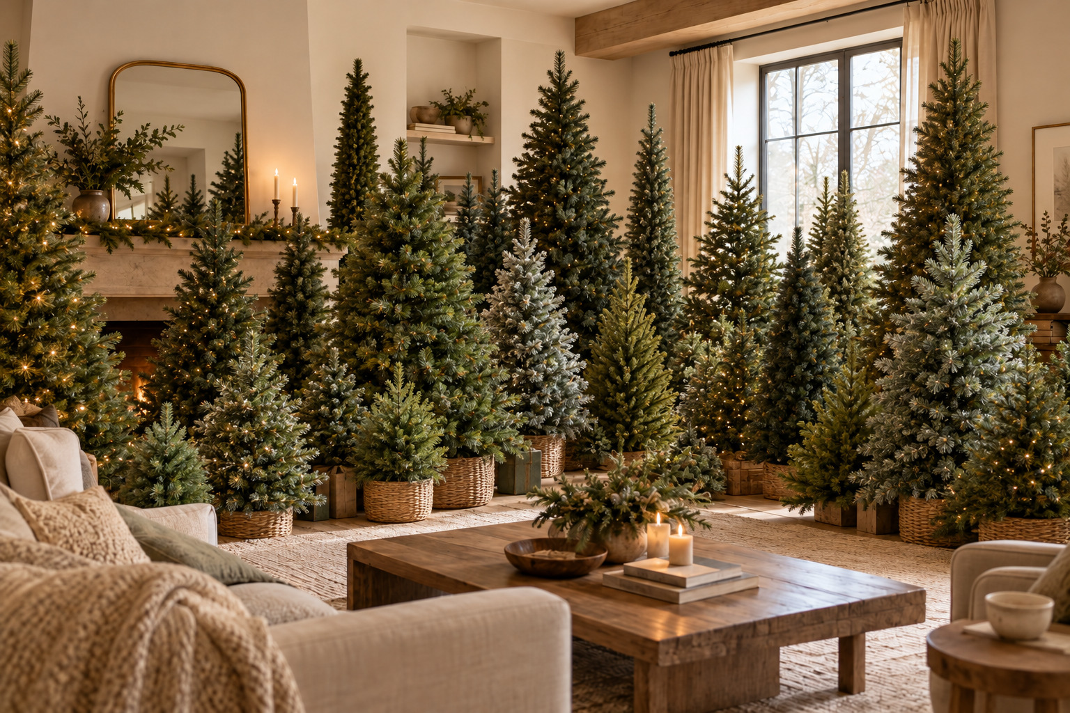 Sapins artificiels de différentes tailles et formes, verts ou enneigés, présentés dans un salon chaleureux.