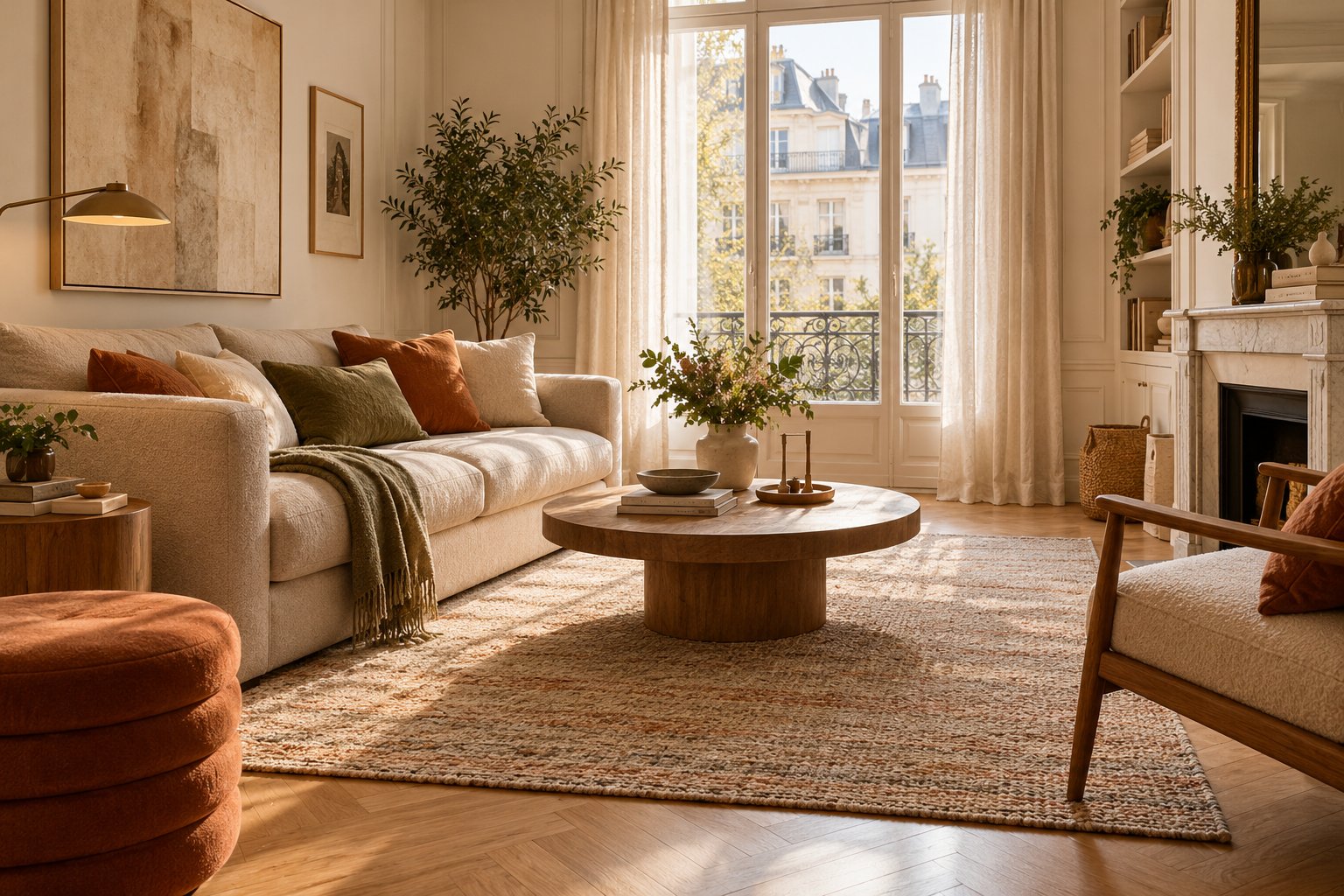 Salon lumineux avec grand tapis beige correctement proportionné sous la table basse et devant le canapé.