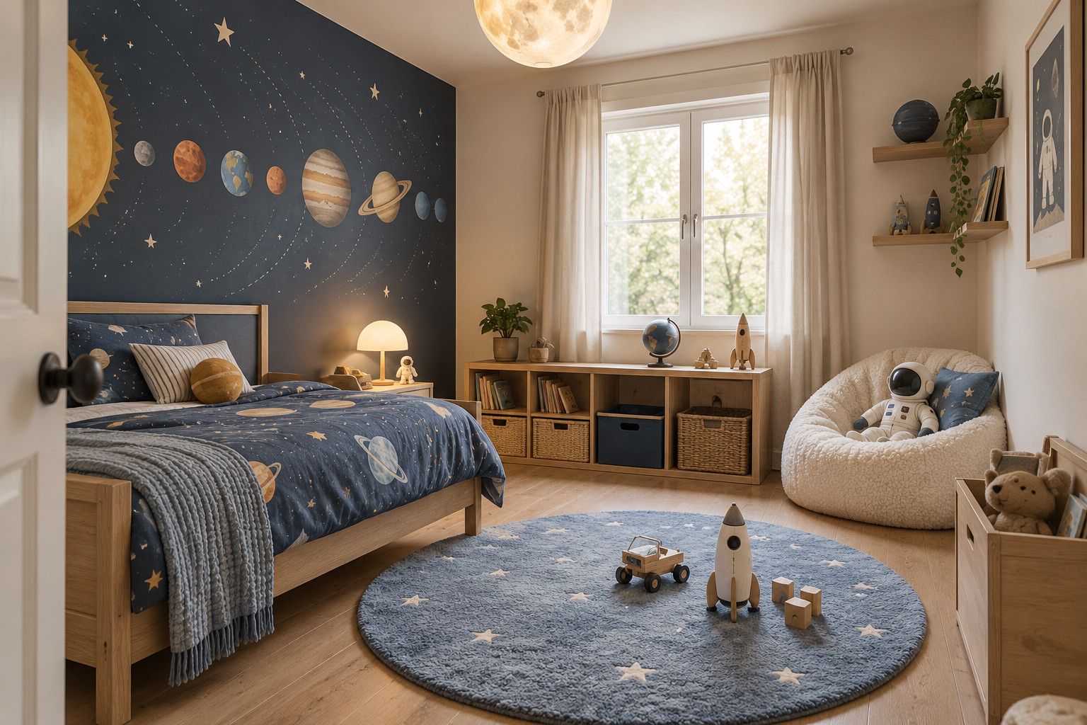 Chambre d’enfant sur le thème de l’espace avec mur bleu à motifs de planètes, lit en bois et suspension lune.