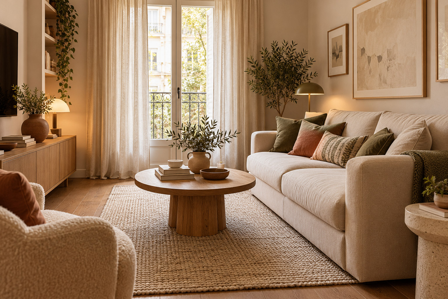 Petit salon lumineux et harmonieux avec canapé écru, table basse en bois, tapis beige et touches vert olive.