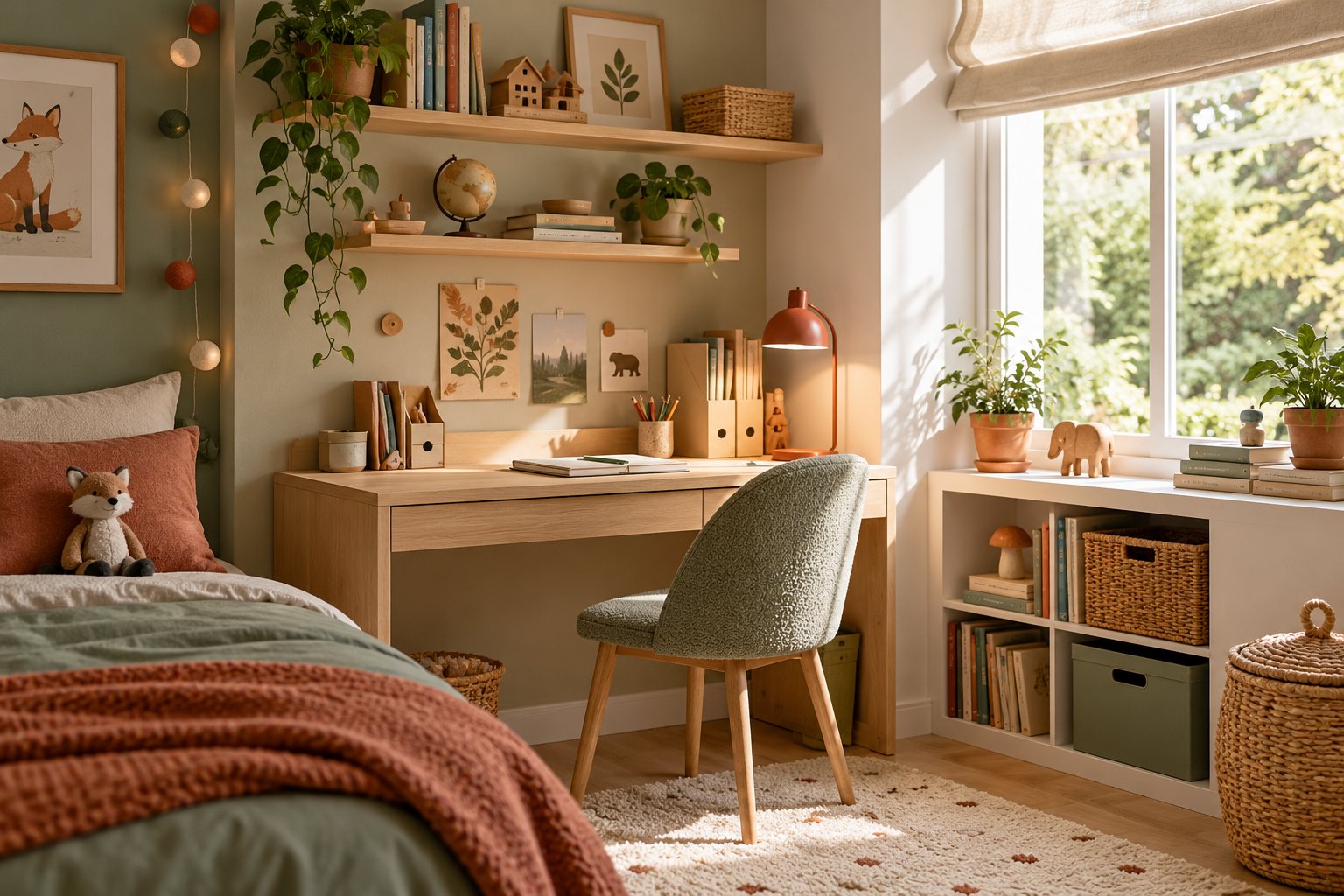 Coin bureau enfant en bois clair près d'une fenêtre, avec fauteuil vert sauge, lampe et fournitures rangées.