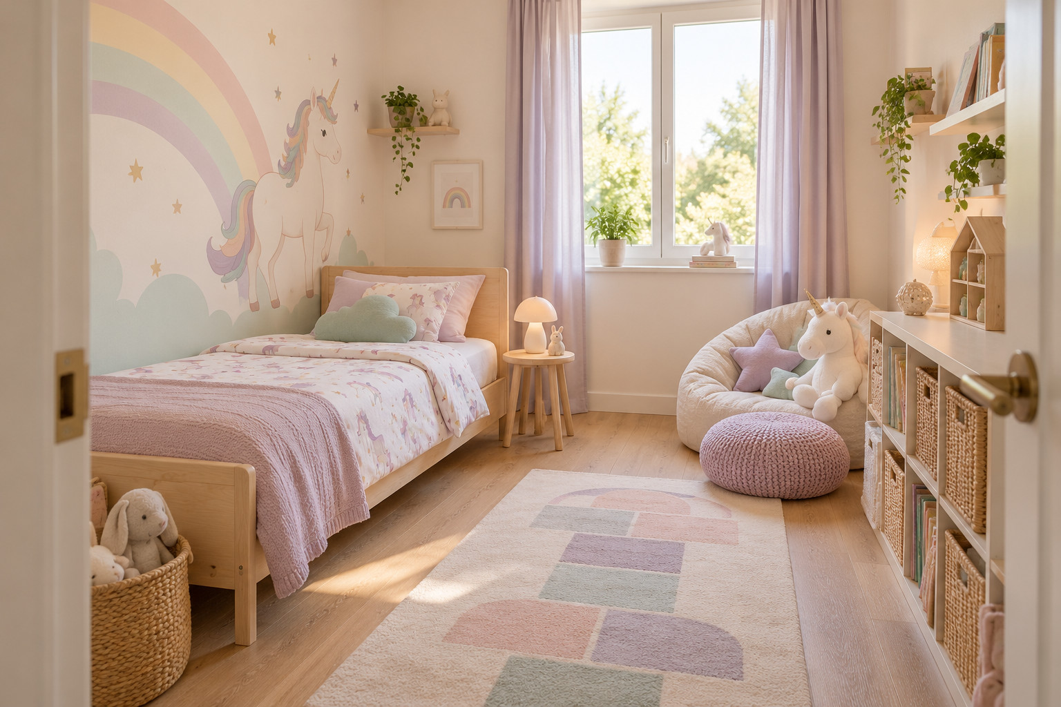 Chambre d’enfant licorne aux tons pastel avec arc-en-ciel mural, lit en bois et coin lecture.