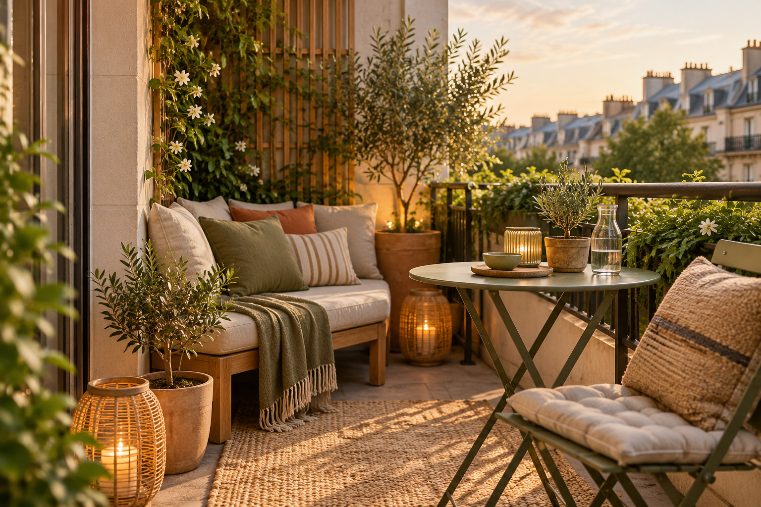 Petit balcon végétalisé aménagé avec banquette confortable, table bistrot vert olive, coussins et lanternes.
