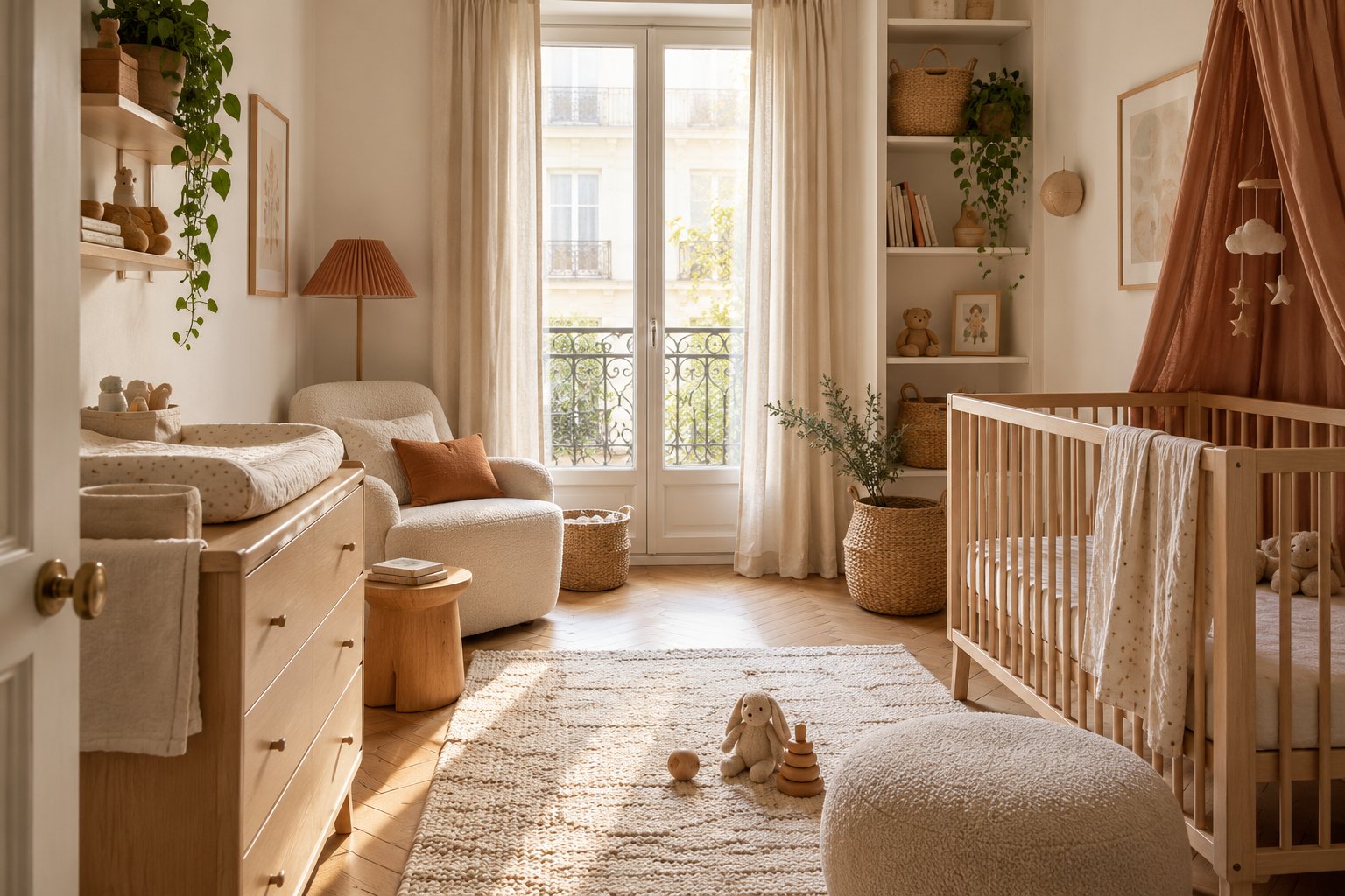 Petite chambre de bébé lumineuse aux tons beige et bois clair, avec lit à barreaux, commode et rangements en osier.