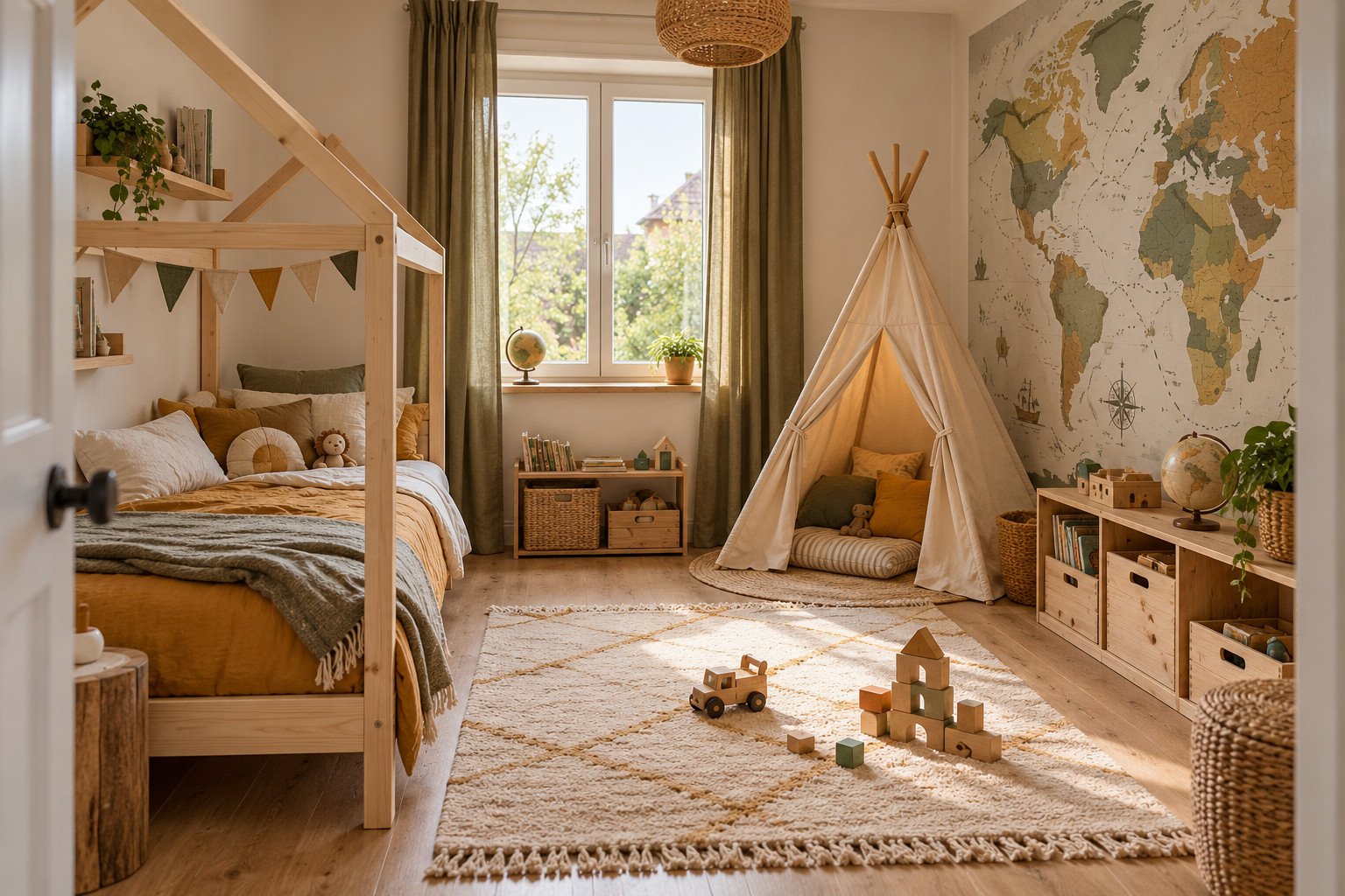 Chambre d’enfant aventure avec lit cabane, tipi de lecture et grande carte du monde dans des tons naturels.