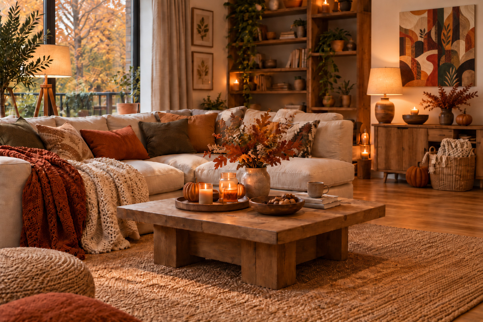 Salon d’automne avec canapé crème, coussins terracotta, plaids en maille et bougies sur une table basse en bois.