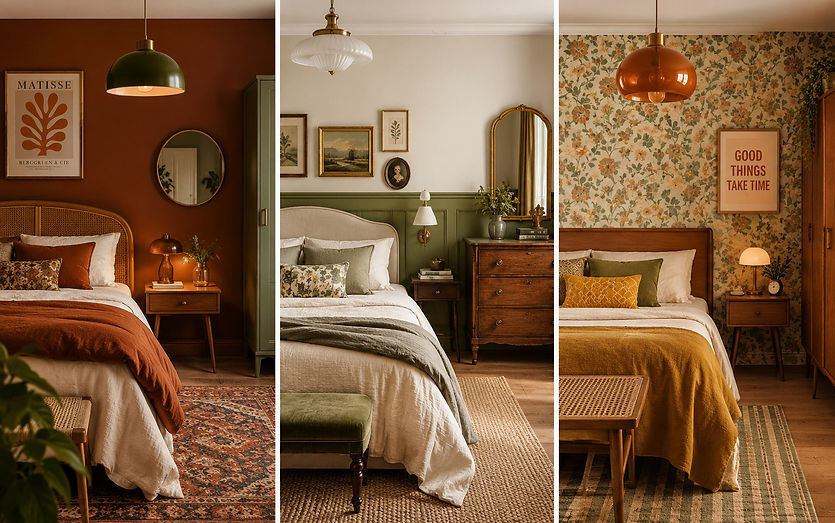 Trois chambres vintage aux tons terracotta, vert sauge et moutarde, avec meubles rétro en bois et papier peint floral.