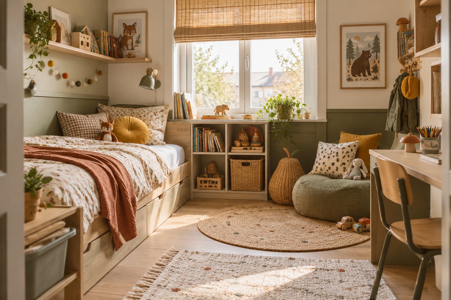 Chambre d'enfant bien organisée avec lit en bois, rangements accessibles, coin lecture et touches vert sauge.