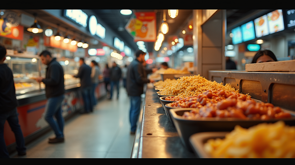 Eye-level view of a bustling food court with diverse cuisine options