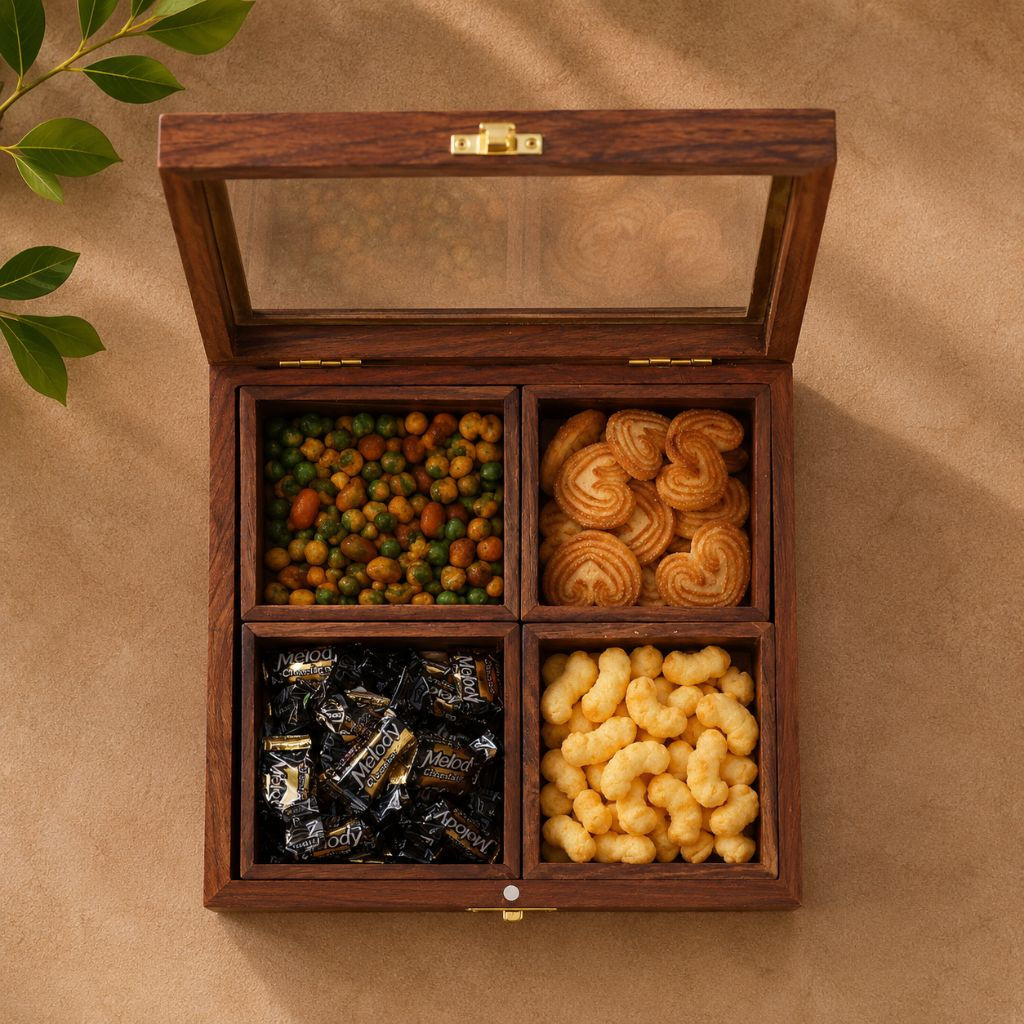 Kaarigar Wooden Snack Serving Box (Four compartments)
