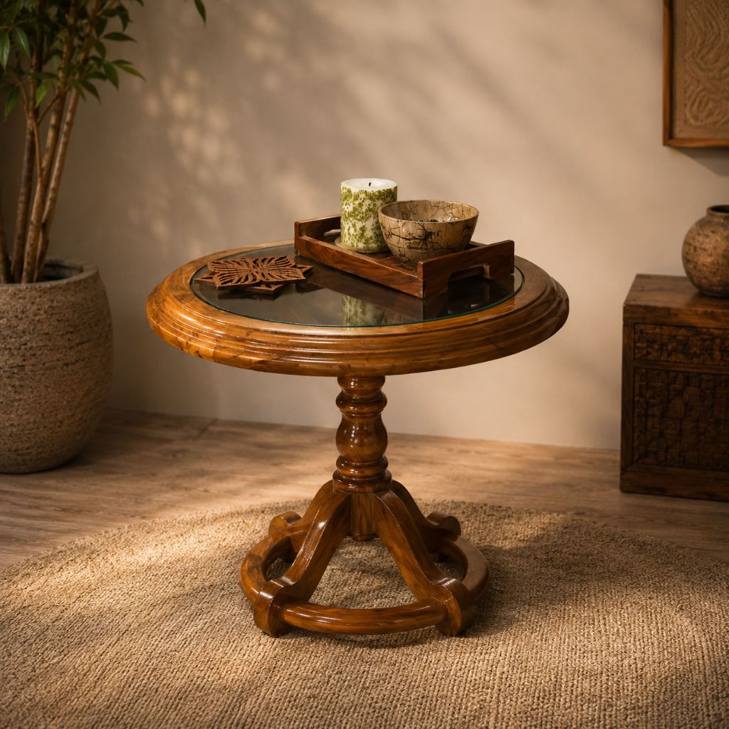 Kaarigar Glass Top Circular Wooden Table