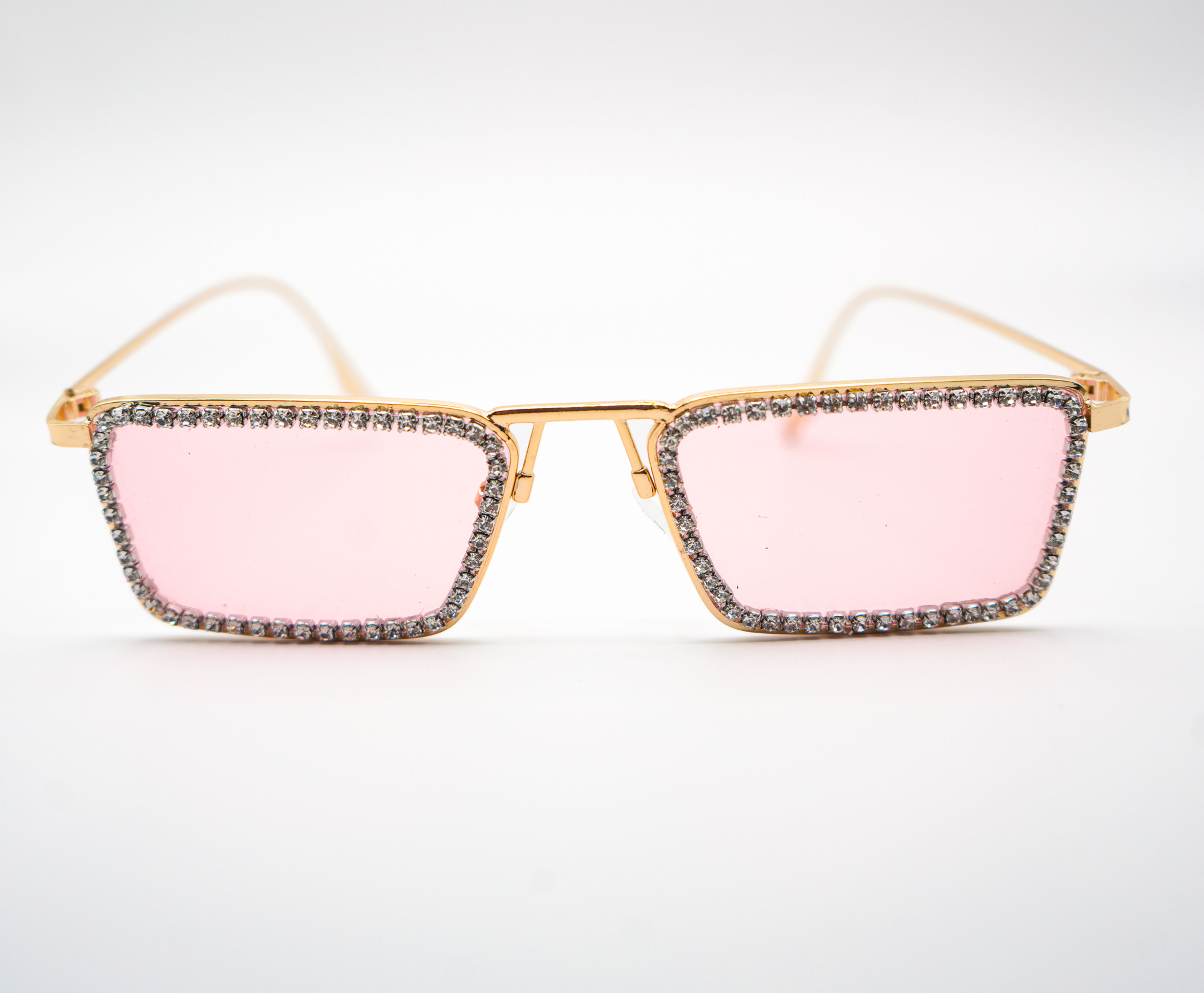 Golden pink lens rhinestone framed sunglasses, high-fashion editorial accessory by Ivorionda’s