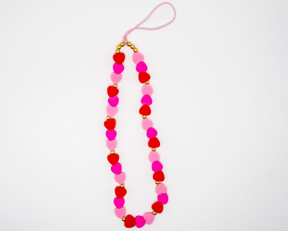 Three shades of pink heart phone charm, playful luxe accessory with gold bead details for everyday style