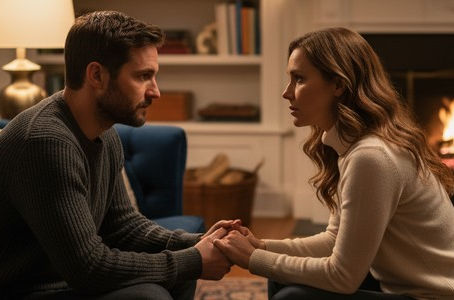un couple, homme - femme, se regarde assis dans les yeux et ses tiennent les mains sans parler