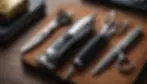 A collection of professional barber's grooming tools neatly arranged on a leather mat, including scissors, a trimmer, and specialized shears.