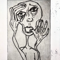 Mikayla Stout, “untitled,” 2022, drypoint, Rives BFK paper, 6x10"