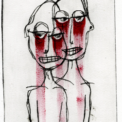 Mikayla Stout, "locked together", 2022, drypoint and watercolor on Rives BFK paper, 8x6”