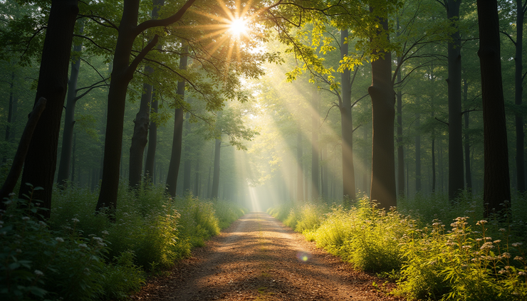 Eye-level view of a quiet forest path with soft sunlight filtering through trees