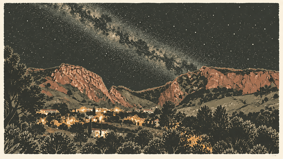 Illustration of Aldea de Cuenca beneath the Milky Way, with illuminated houses and terracotta cliffs