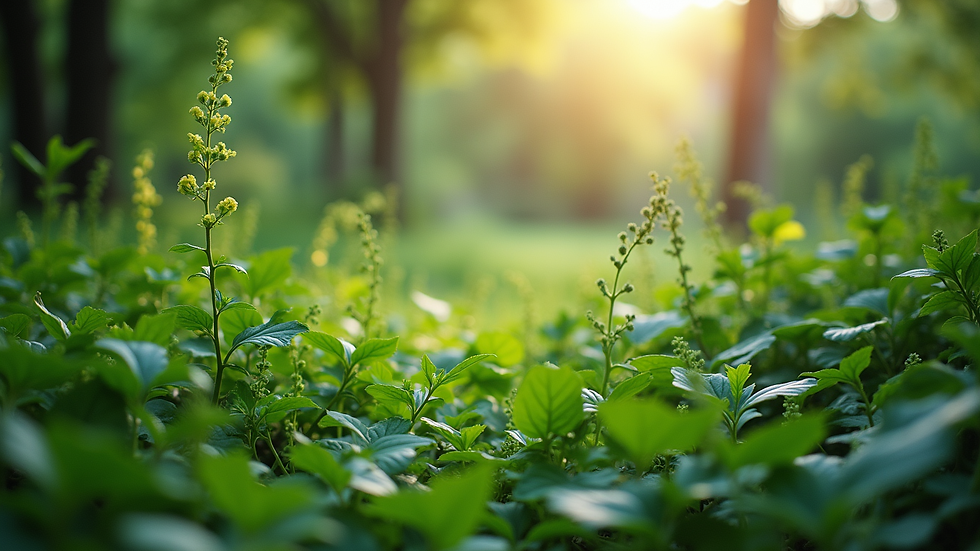 Eye-level view of a lush green garden with diverse plants