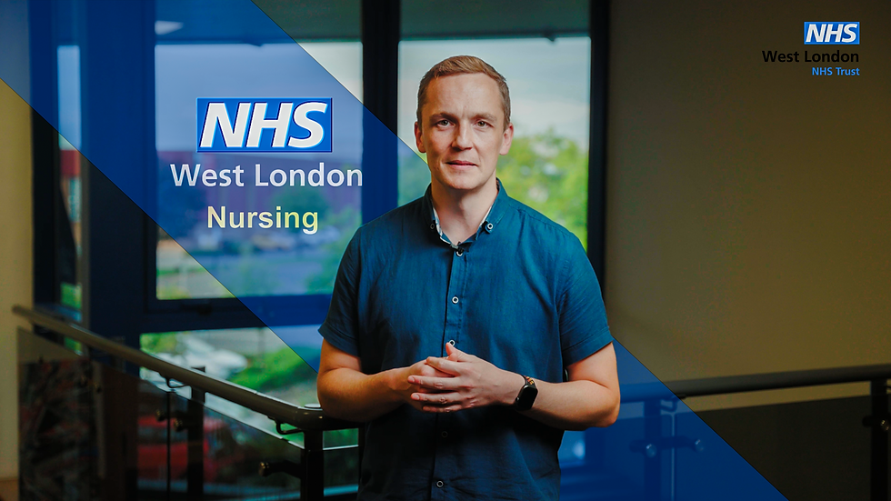 Healthcare professional standing indoors beside an NHS West London Nursing graphic.