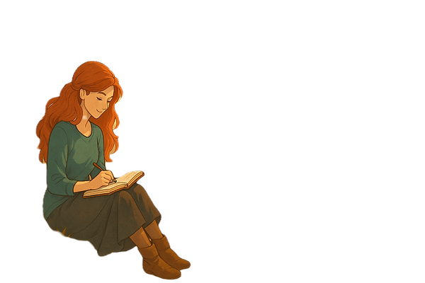 "Anime-style character of the author sitting on a white background, writing in a notebook on her lap atop a semicircle shape.