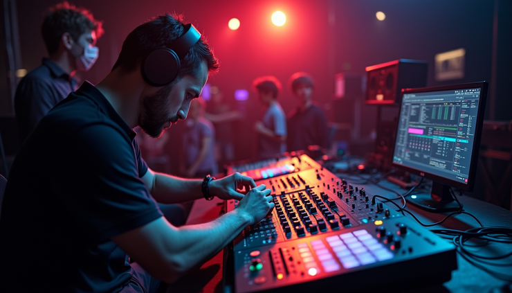 High angle view of a sound technician adjusting audio mixer during a live event