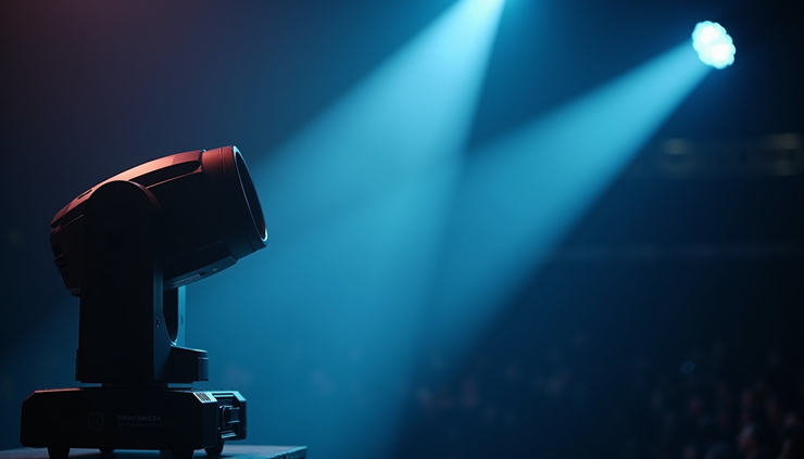 Close-up view of an intelligent moving head light fixture in action