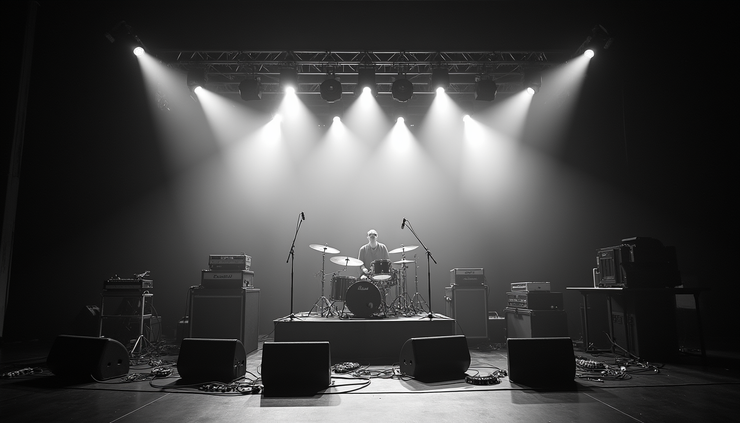 Eye-level view of a concert stage with lighting and sound equipment arranged