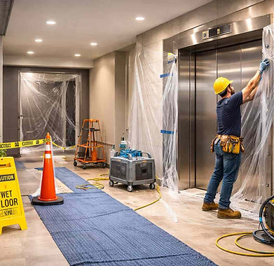 construction workers securing elevator entrance