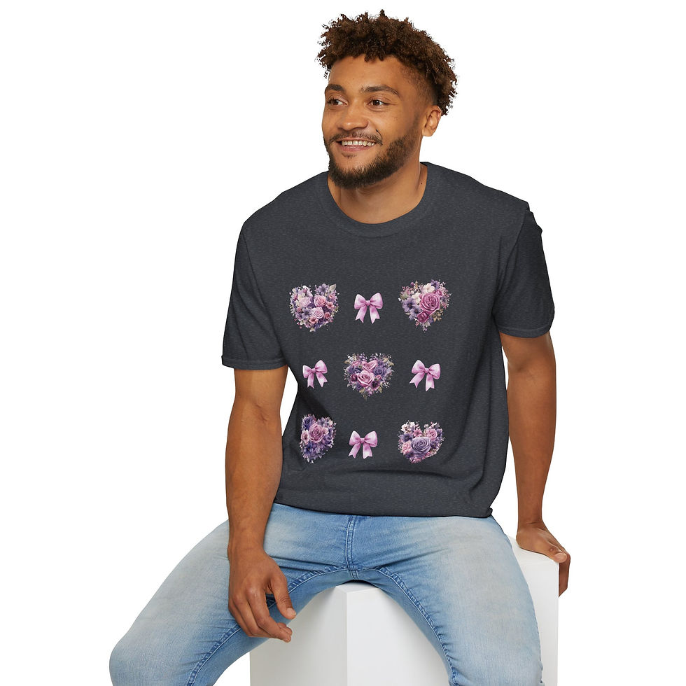 Thumbnail: Pink and Purple Heart Wreath with Pink Coquettes Unisex T-Shirt, Softstyle