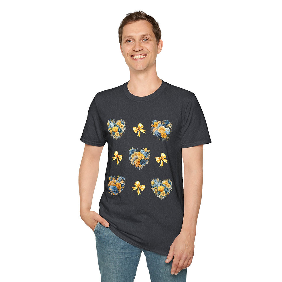 Thumbnail: Yellow and Blue Heart Wreath with Coquettes Unisex T-Shirt, Softstyle, Spring