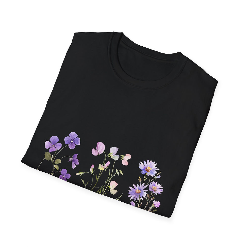 Thumbnail: Floral Vibes Unisex Softstyle T-Shirt, Bohemian, Nature-Inspired, Purple, Pink