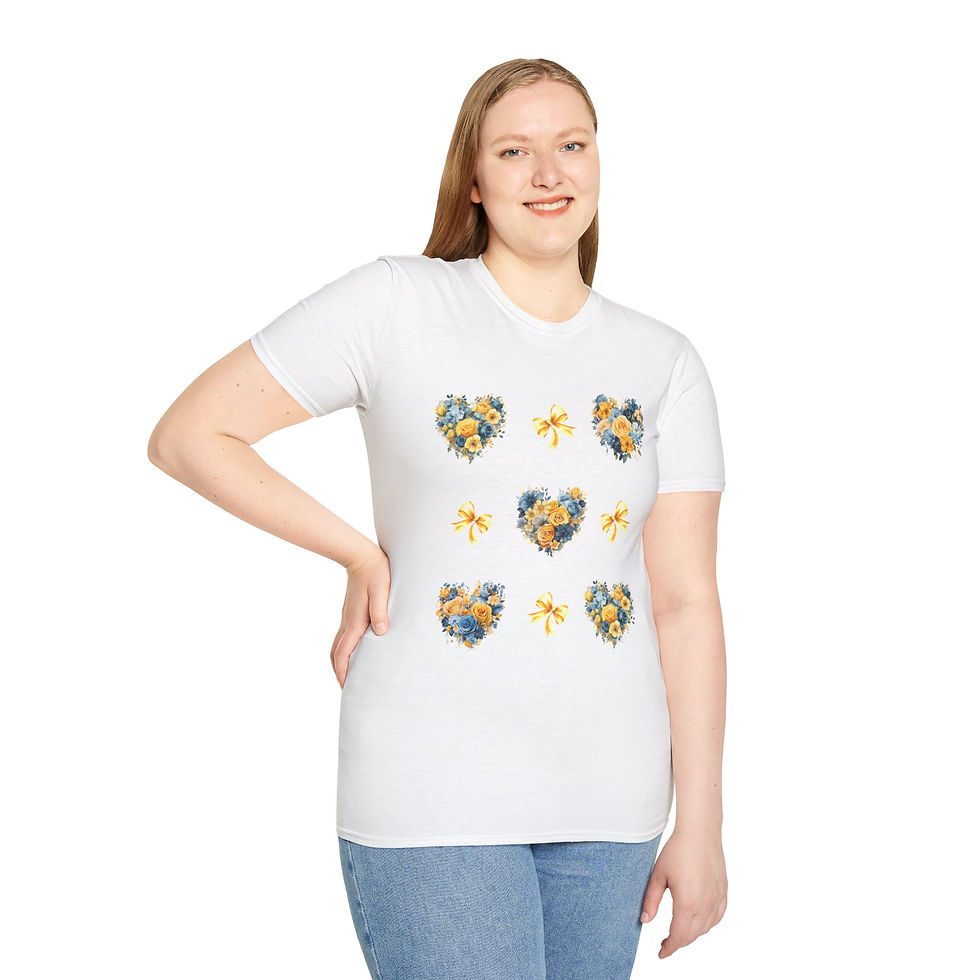 Thumbnail: Yellow and Blue Heart Wreath with Coquettes Unisex T-Shirt, Softstyle, Spring
