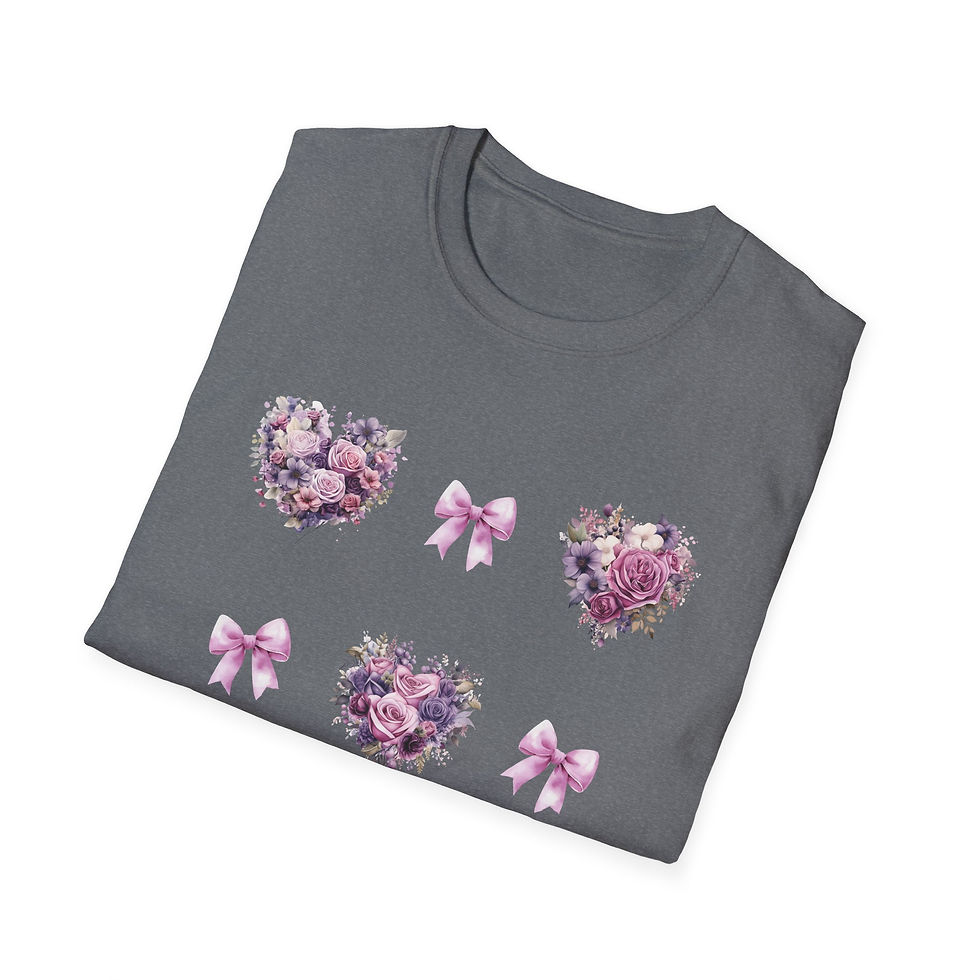 Thumbnail: Pink and Purple Heart Wreath with Pink Coquettes Unisex T-Shirt, Softstyle