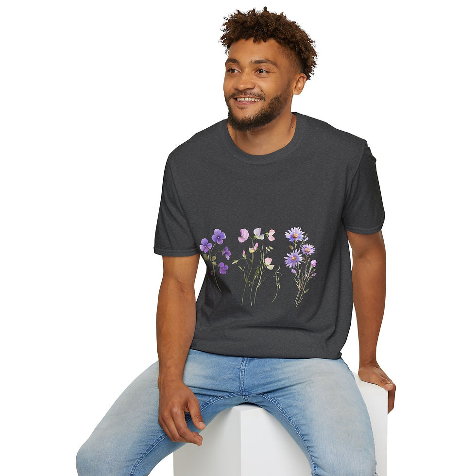 Thumbnail: Floral Vibes Unisex Softstyle T-Shirt, Bohemian, Nature-Inspired, Purple, Pink