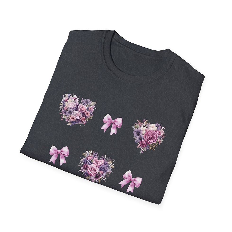 Thumbnail: Pink and Purple Heart Wreath with Pink Coquettes Unisex T-Shirt, Softstyle
